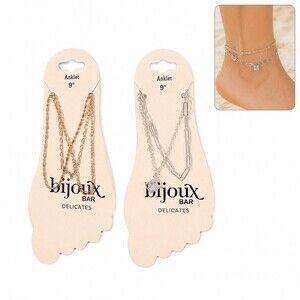 Bijoux Bar Anklet Set 2pc 9in gold silver Layered Chains Crystal Charm new gift